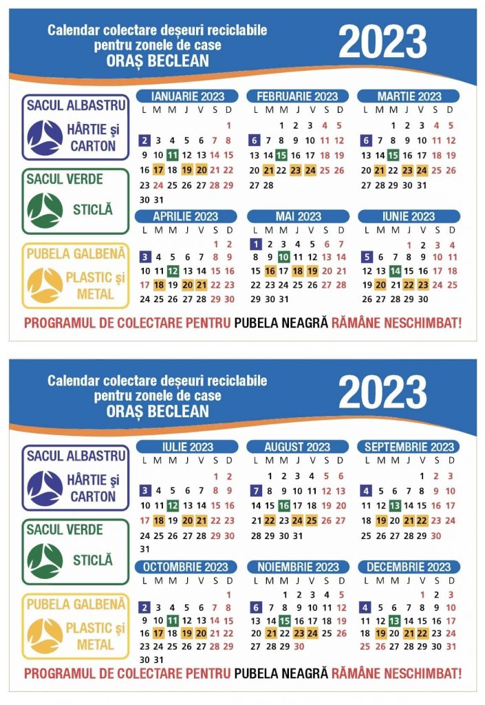 Calendar colectare deșeuri reciclabile – ANUL 2023 – Primaria Beclean